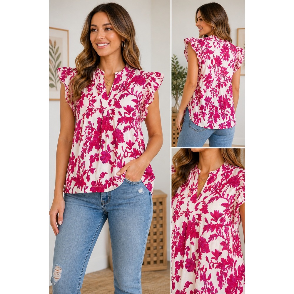 PINCH Top Pink White Floral‎ Ruffle Sleeve Boho Blouse Small
